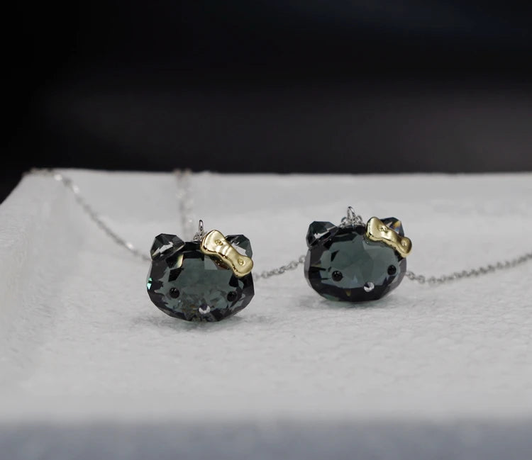 Kawaii Hello Kitty Black Crystal Necklace & Earrings