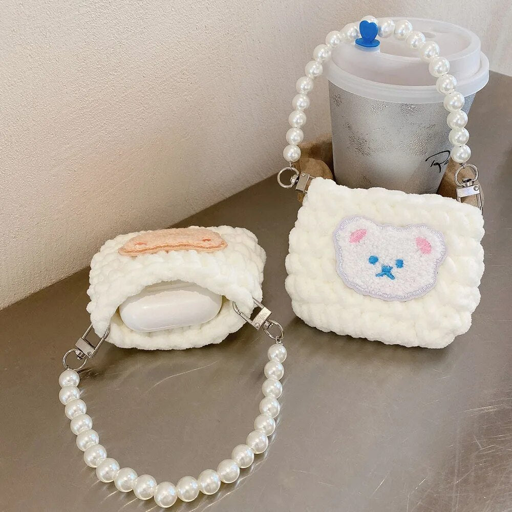 Kawaii Knitted Bag AirPods Case with Pearl Chain - KAWAII LULU