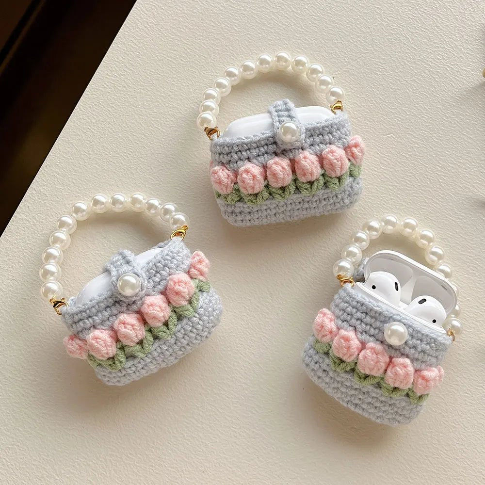 Kawaii Knitted Flower AirPods Case with Pear Chain - KAWAII LULU