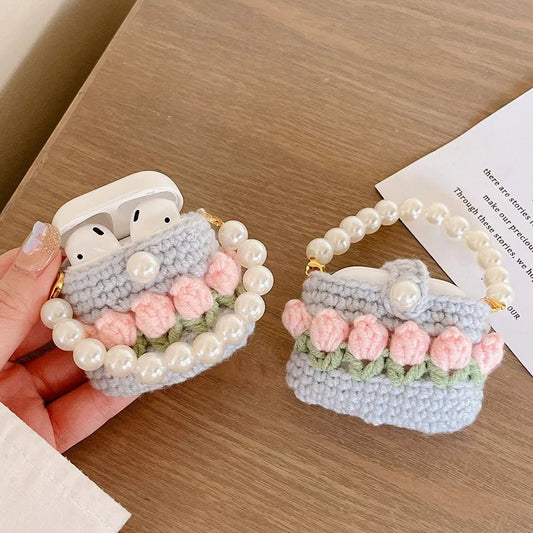Kawaii Knitted Flower AirPods Case with Pear Chain - KAWAII LULU