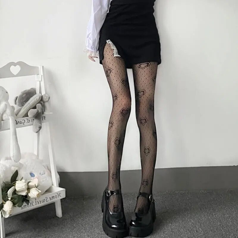 Kawaii Love Heart Mesh Tights - KAWAII LULU