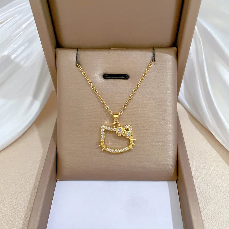 Kawaii Hello Kitty Bling Gold Pendant Necklace