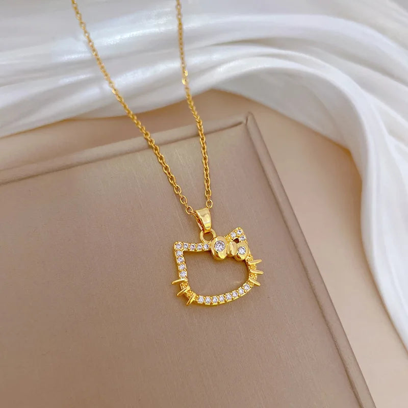 Kawaii Hello Kitty Bling Gold Pendant Necklace